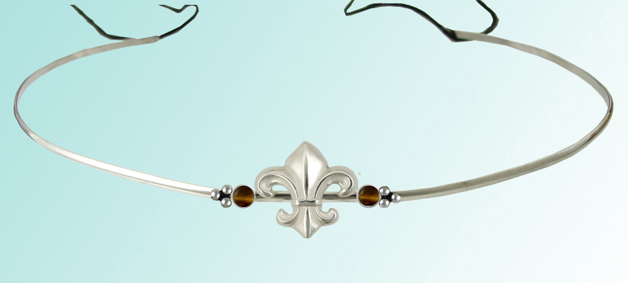 Sterling Silver Renaissance Style Fleur de Lis Headpiece Circlet Tiara With Tiger Eye